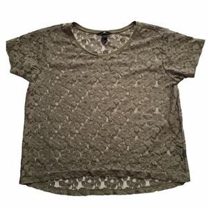 H&M Olive Green Sheer Lace High Low Short Sleeve Blouse Large
